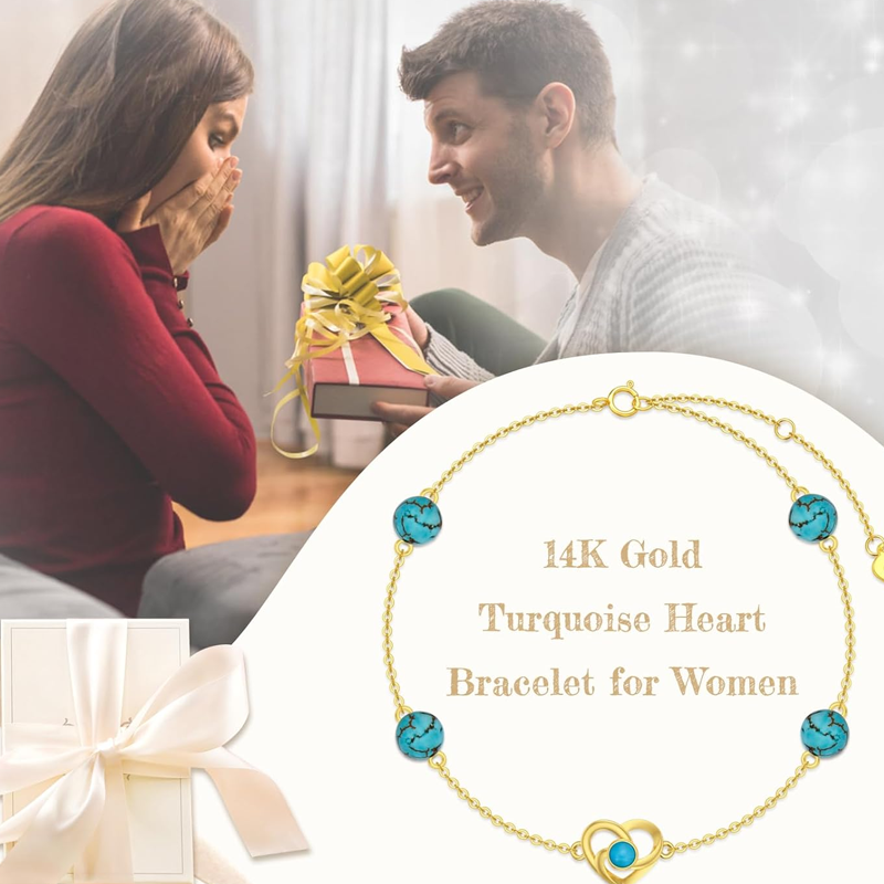 14 Karat Gold Türkis Keltischer Knoten Herz mit Herz Charm Armband für Frauen-6