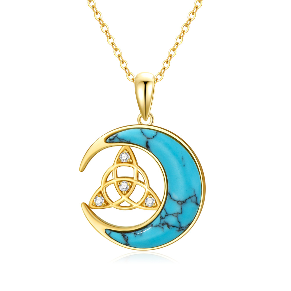 Collar de luna con nudo celta turquesa en oro de 14 quilates para mujer-1