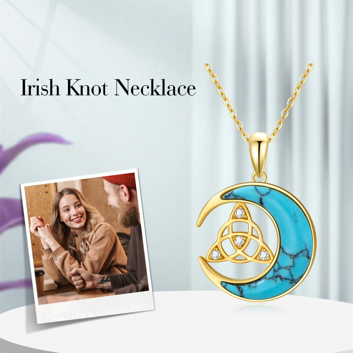 10K Gold Turquoise Celtic Knot & Moon Necklace for Women-6