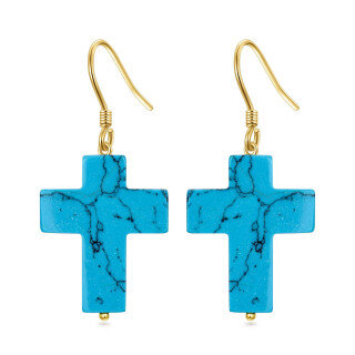 10K Gold Turquoise Cross Drop Earrings-32