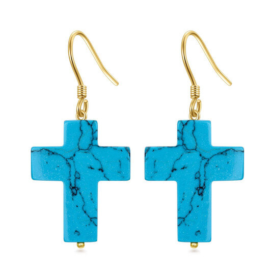 10K Gold Turquoise Cross Drop Earrings