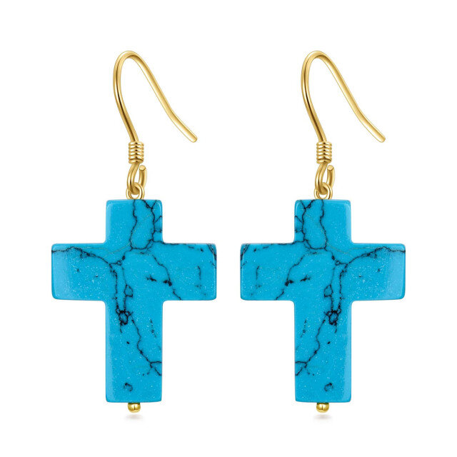 14K Gold Turquoise Cross Drop Earrings-1