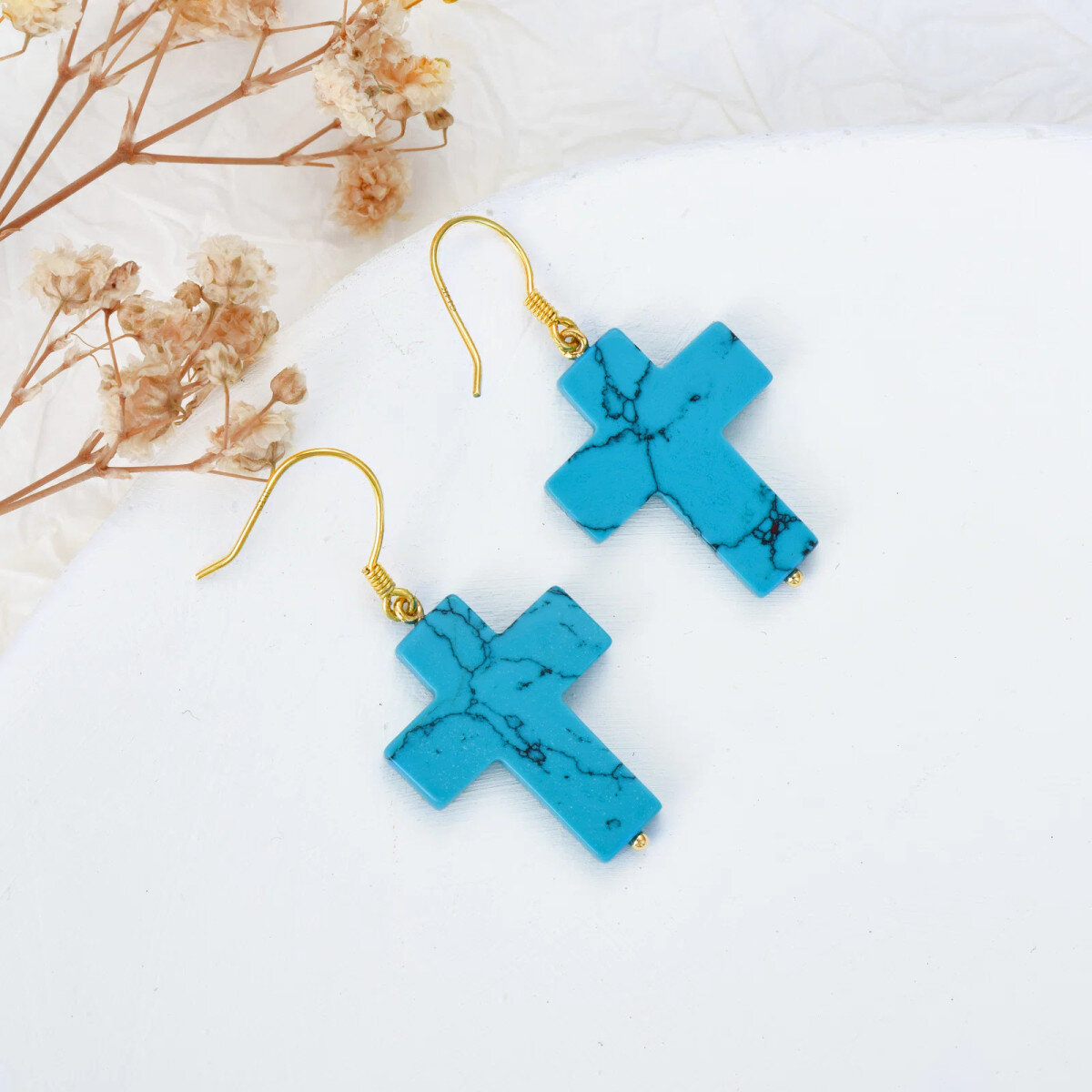 14K Gold Turquoise Cross Drop Earrings-3