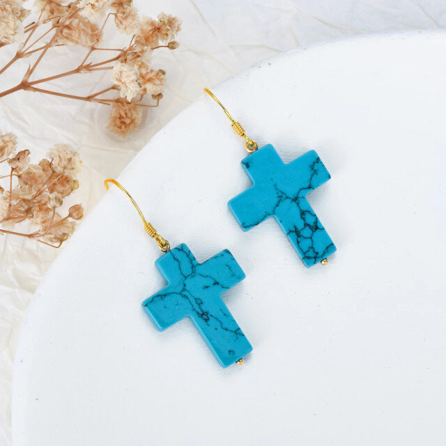 14K Gold Turquoise Cross Drop Earrings-4