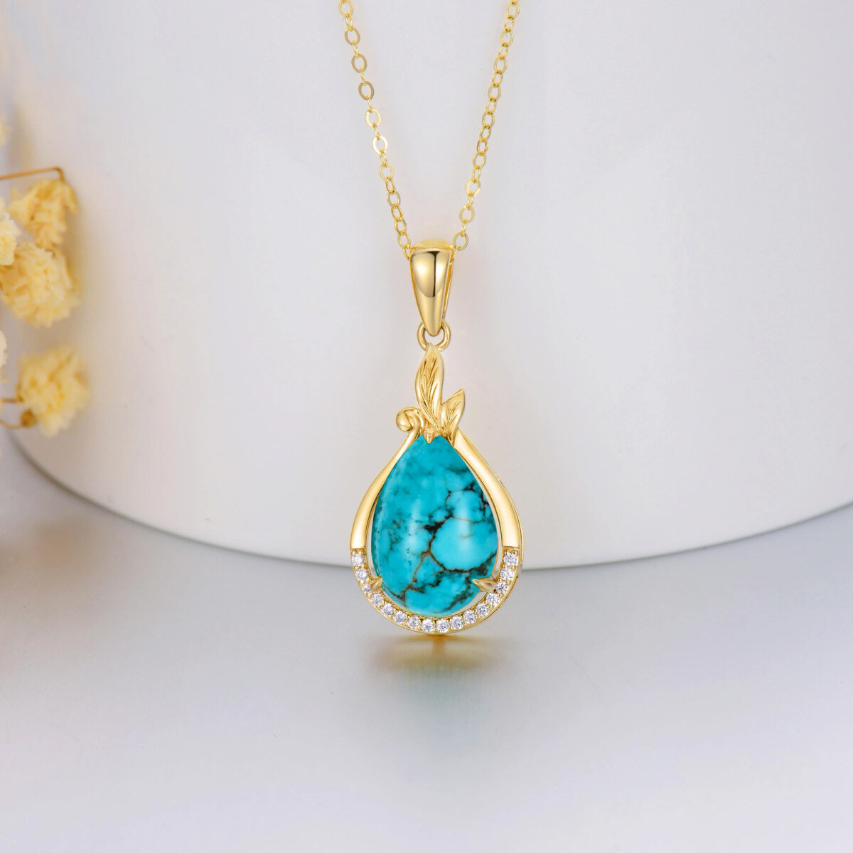 14K Gold Turquoise Drop Shape Pendant Necklace-3