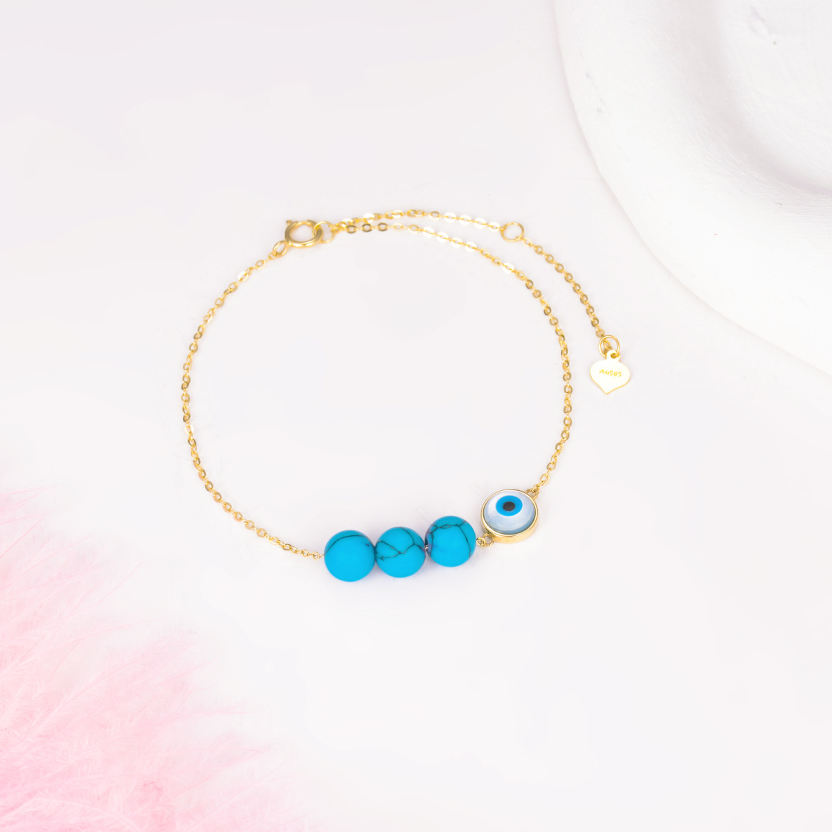 10K Gold Turquoise Evil Eye Charm Bracelet-4