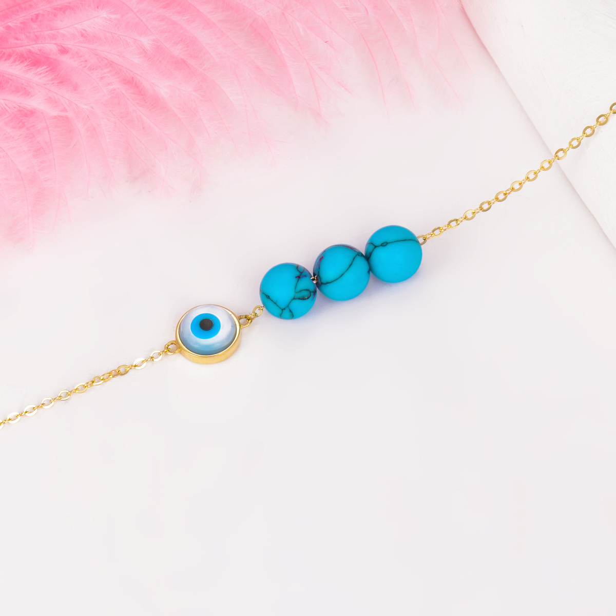 10K Gold Turquoise Evil Eye Charm Bracelet-5