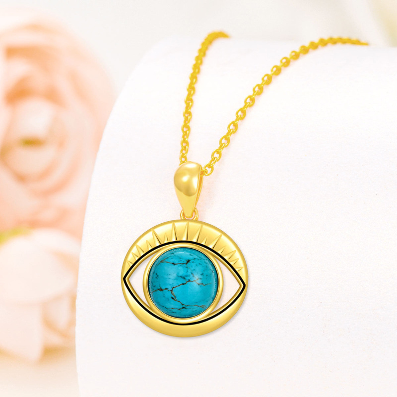 10K White Gold Round Cut Turquoise Evil Eye Pendant Necklace-3