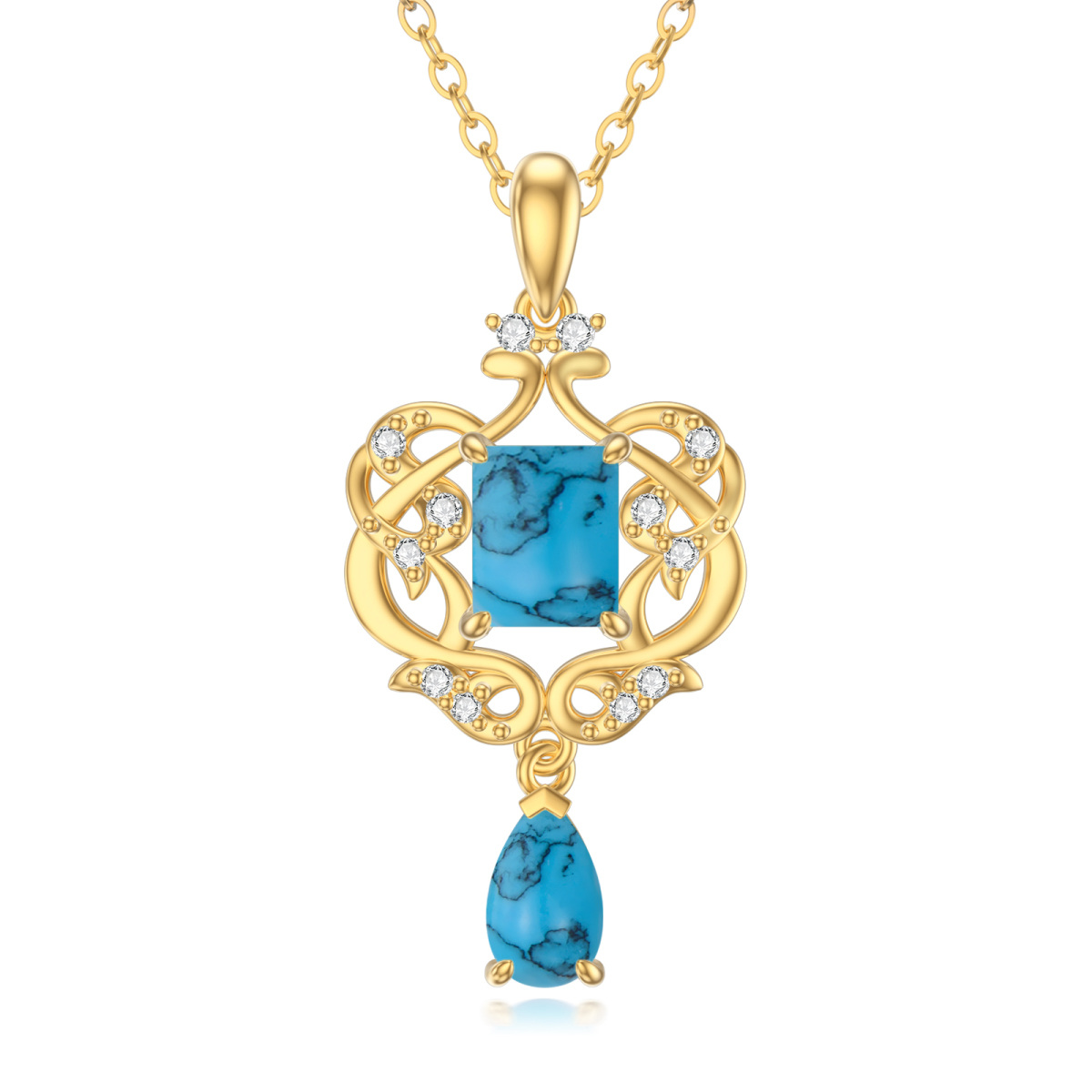 Collier avec pendentif en forme de cœur en or 14 carats et zircone cubique turquoise-1