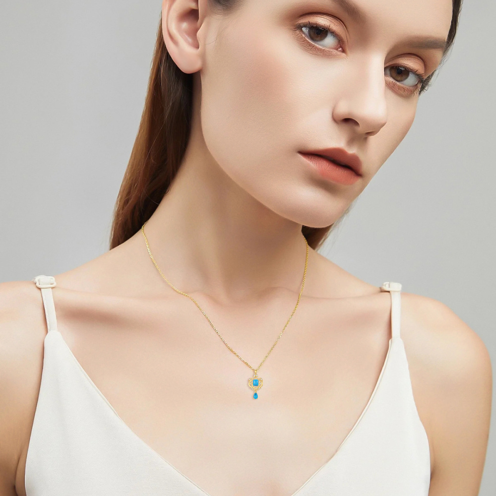 10K Gold Turquoise & Cubic Zirconia Heart Pendant Necklace-2
