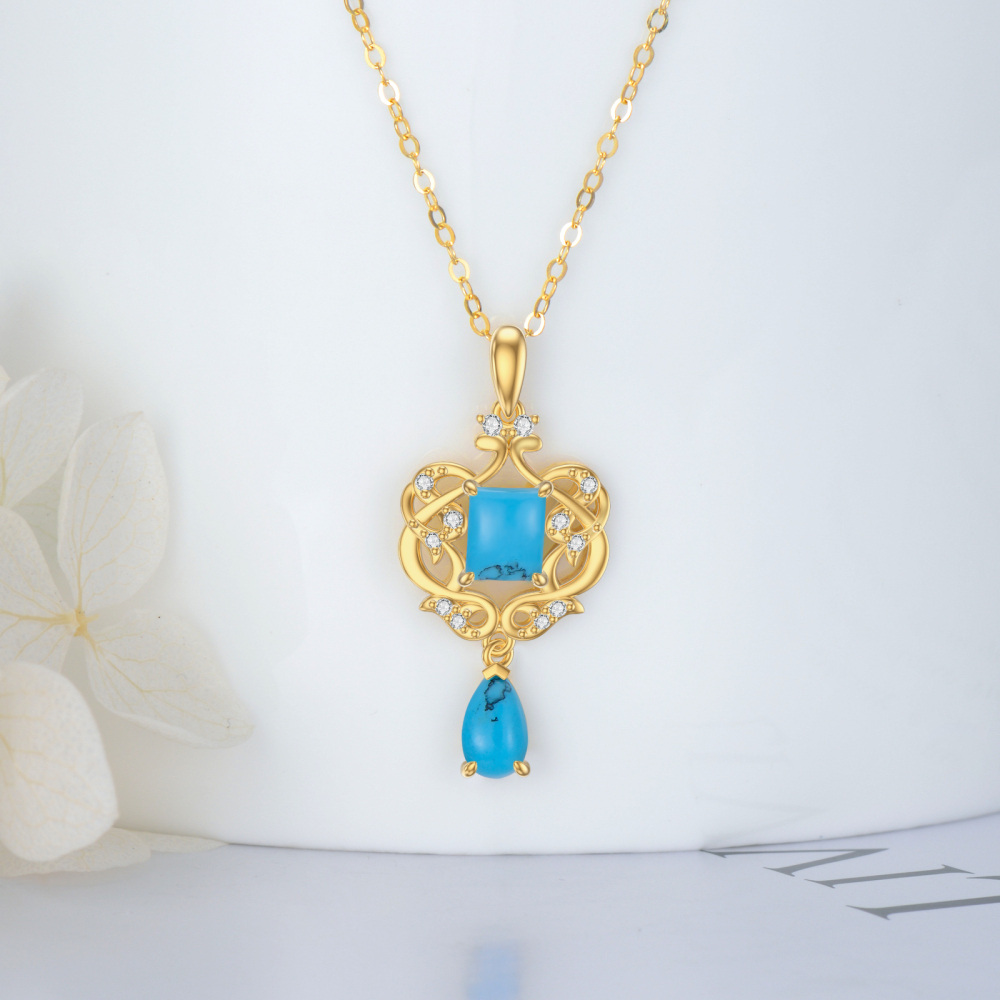 10K Gold Turquoise & Cubic Zirconia Heart Pendant Necklace-3