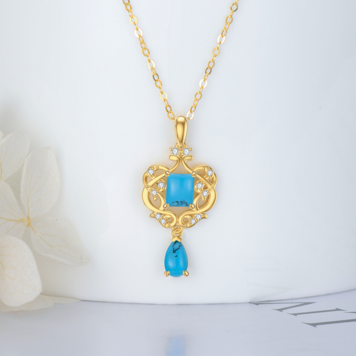 Collier avec pendentif en forme de cœur en or 14 carats et zircone cubique turquoise-3