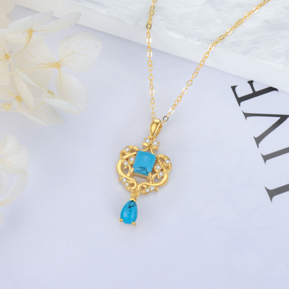 10K Gold Turquoise & Cubic Zirconia Heart Pendant Necklace-4