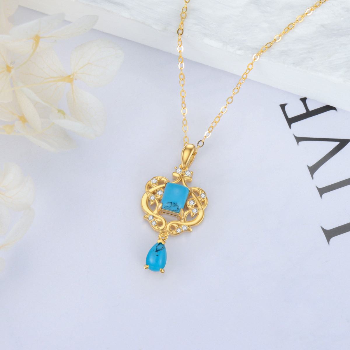 14K Gold Turquoise & Cubic Zirconia Heart Pendant Necklace-4