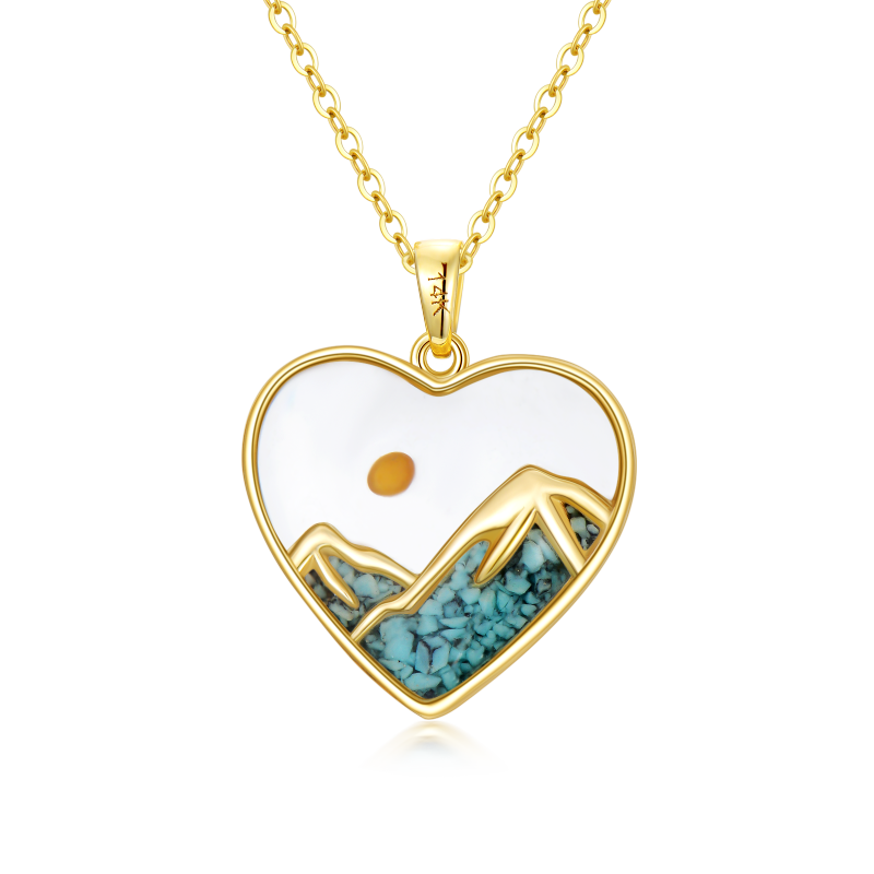 Collar con colgante de sol, semillas de mostaza, montañas y turquesa en oro de 14 quilates-6