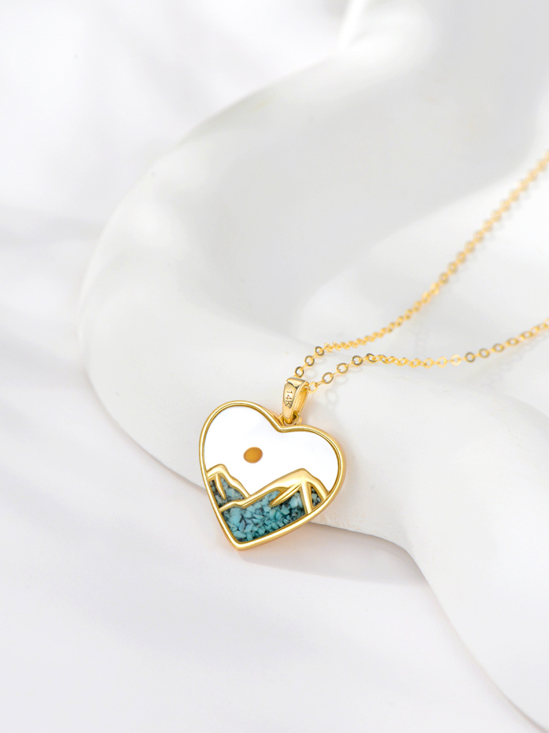 10K Gold Turquoise Mountains & Mustard Seed Sun Pendant Necklace-2