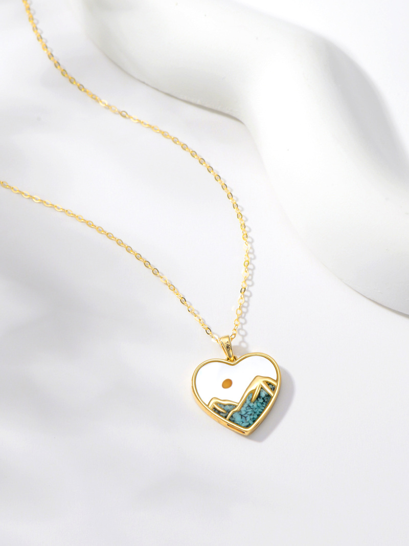 10K Gold Turquoise Mountains & Mustard Seed Sun Pendant Necklace-3