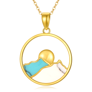 10K Gold Turquoise Mountains Sun Pendant Necklace For Women-7