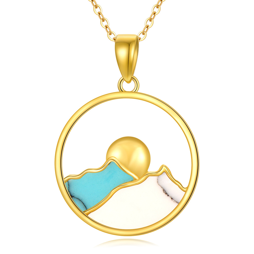 10K Gold Turquoise Mountains Sun Pendant Necklace For Women-2