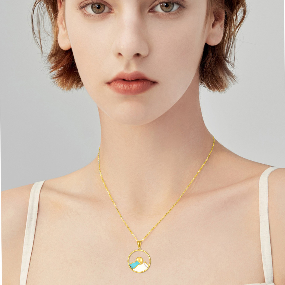 10K Gold Turquoise Mountains Sun Pendant Necklace For Women-3