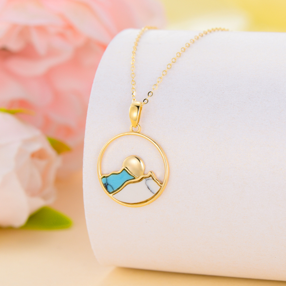 10K Gold Turquoise Mountains Sun Pendant Necklace For Women-5
