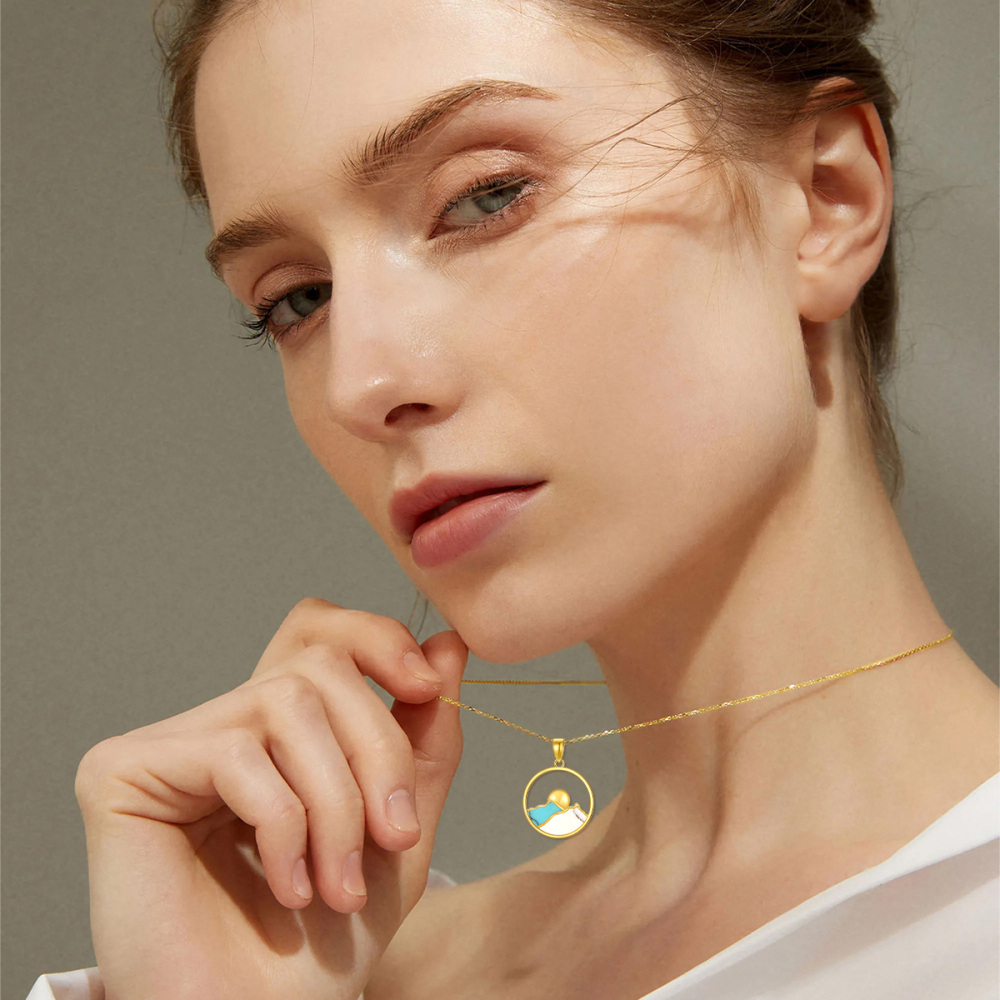 10K Gold Turquoise Mountains Sun Pendant Necklace For Women-6
