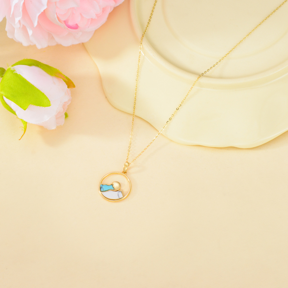 10K Gold Turquoise Mountains Sun Pendant Necklace For Women-7