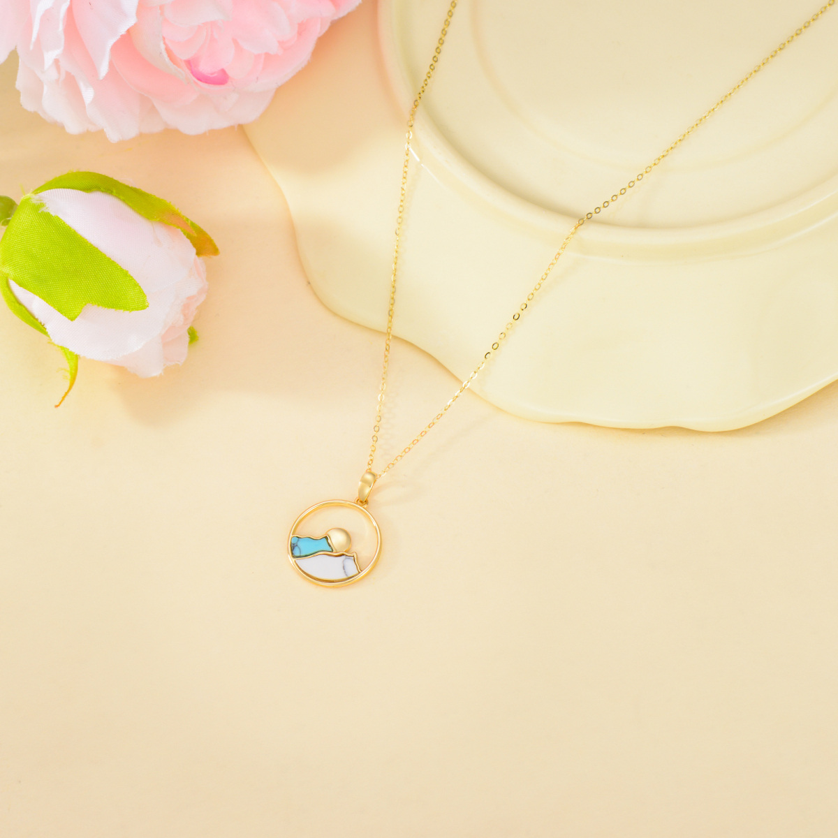 14K Gold Turquoise Mountains & Sun Pendant Necklace-7