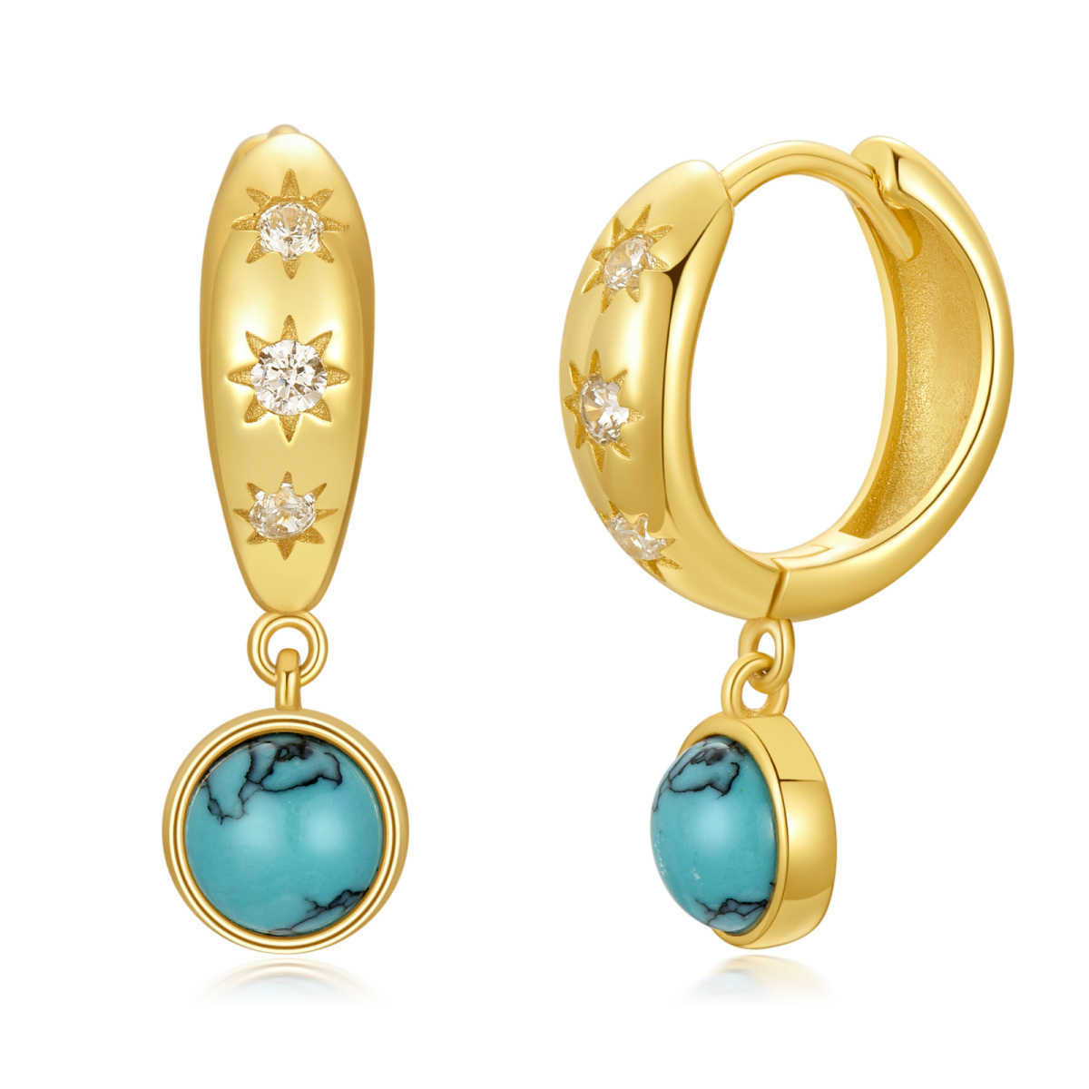 14K Gold Cubic Zirconia & Turquoise Round Drop Earrings for Women-1