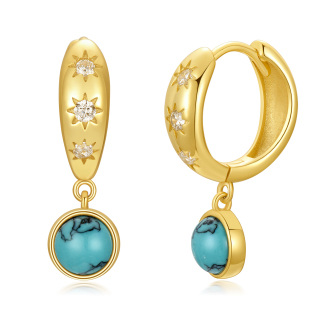 10K Gold Cubic Zirconia & Turquoise Round Drop Earrings for Women-2