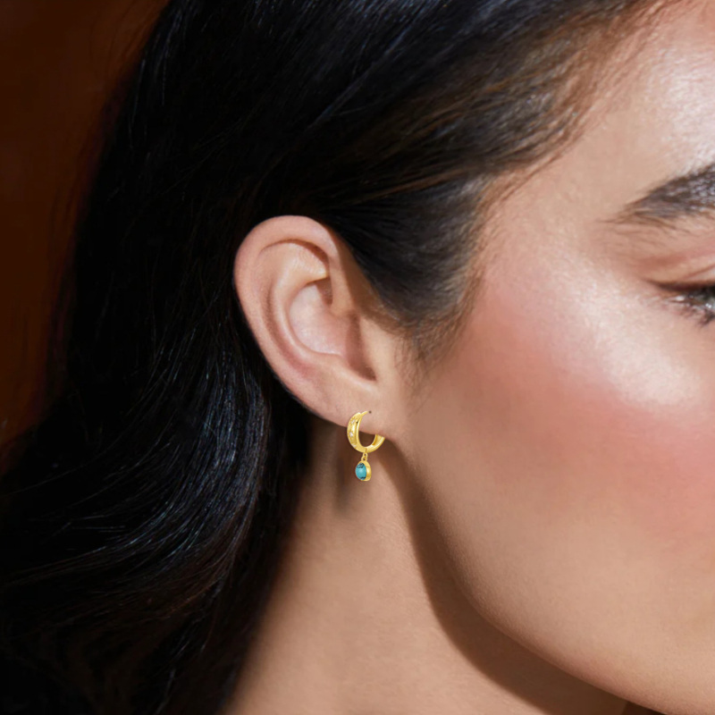 10K Gold Ohrringe mit Zirkonia und Türkis, rund, für Damen-2