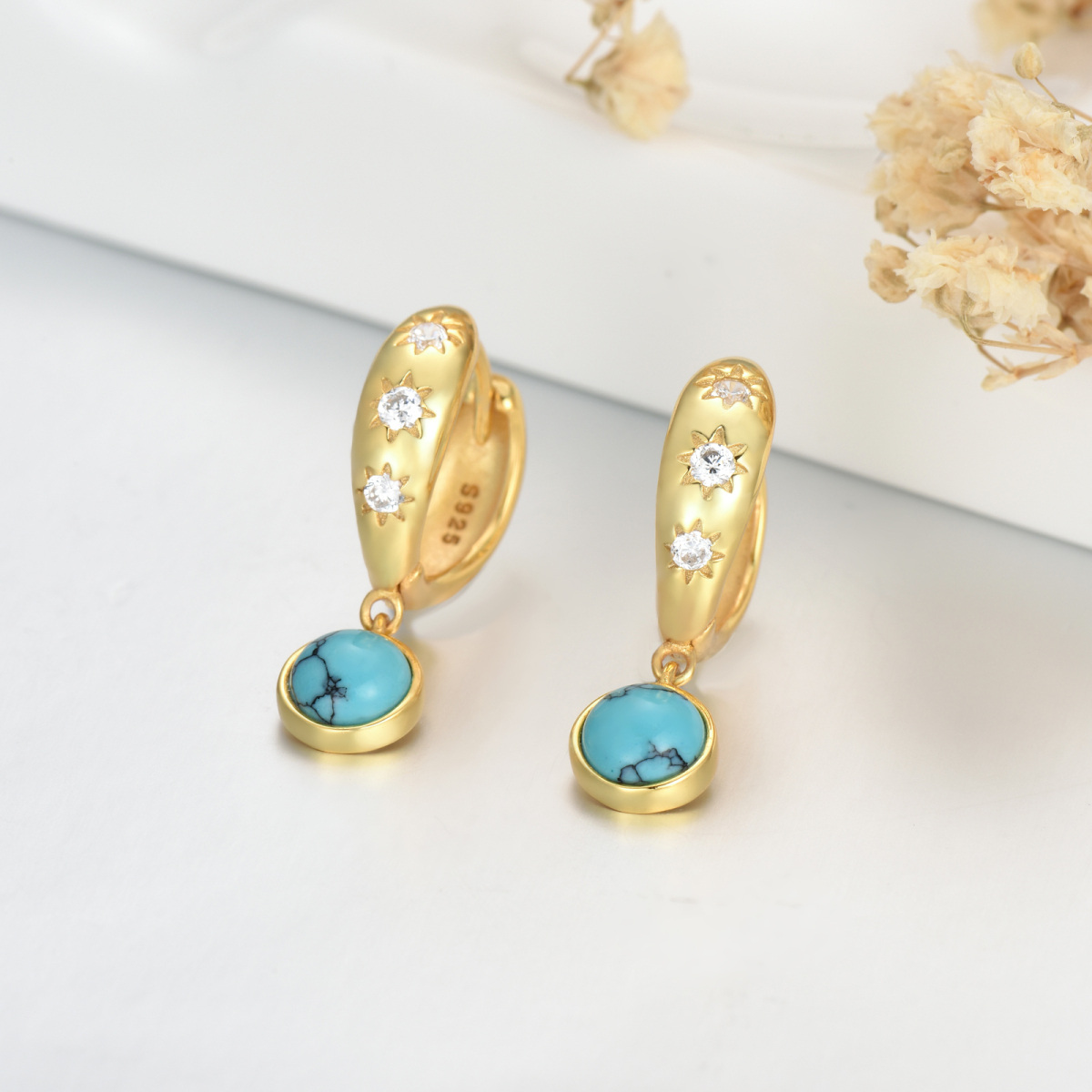 14K Gold Cubic Zirconia & Turquoise Round Drop Earrings for Women-3