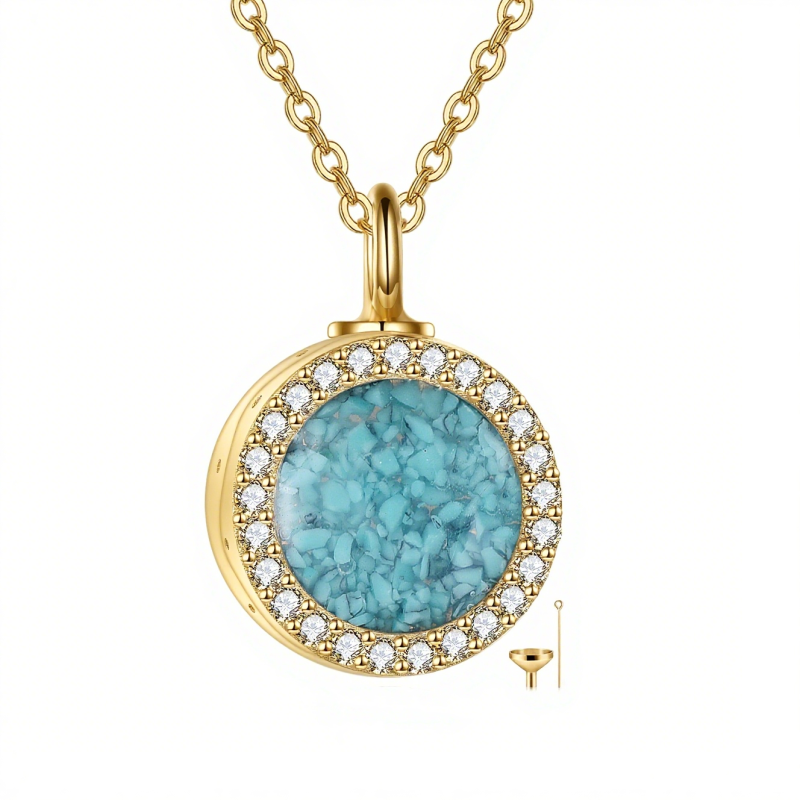 Collar de urna redonda de oro 14K con turquesa para cenizas-1