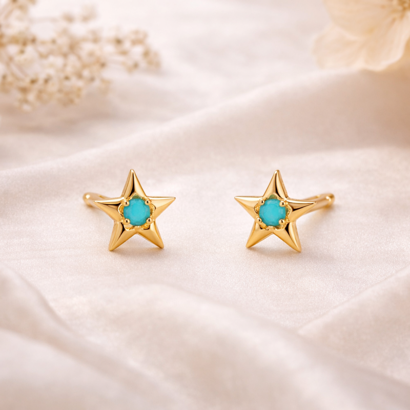 Pendientes de tachuelas con estrella turquesa en oro de 14 quilates-3