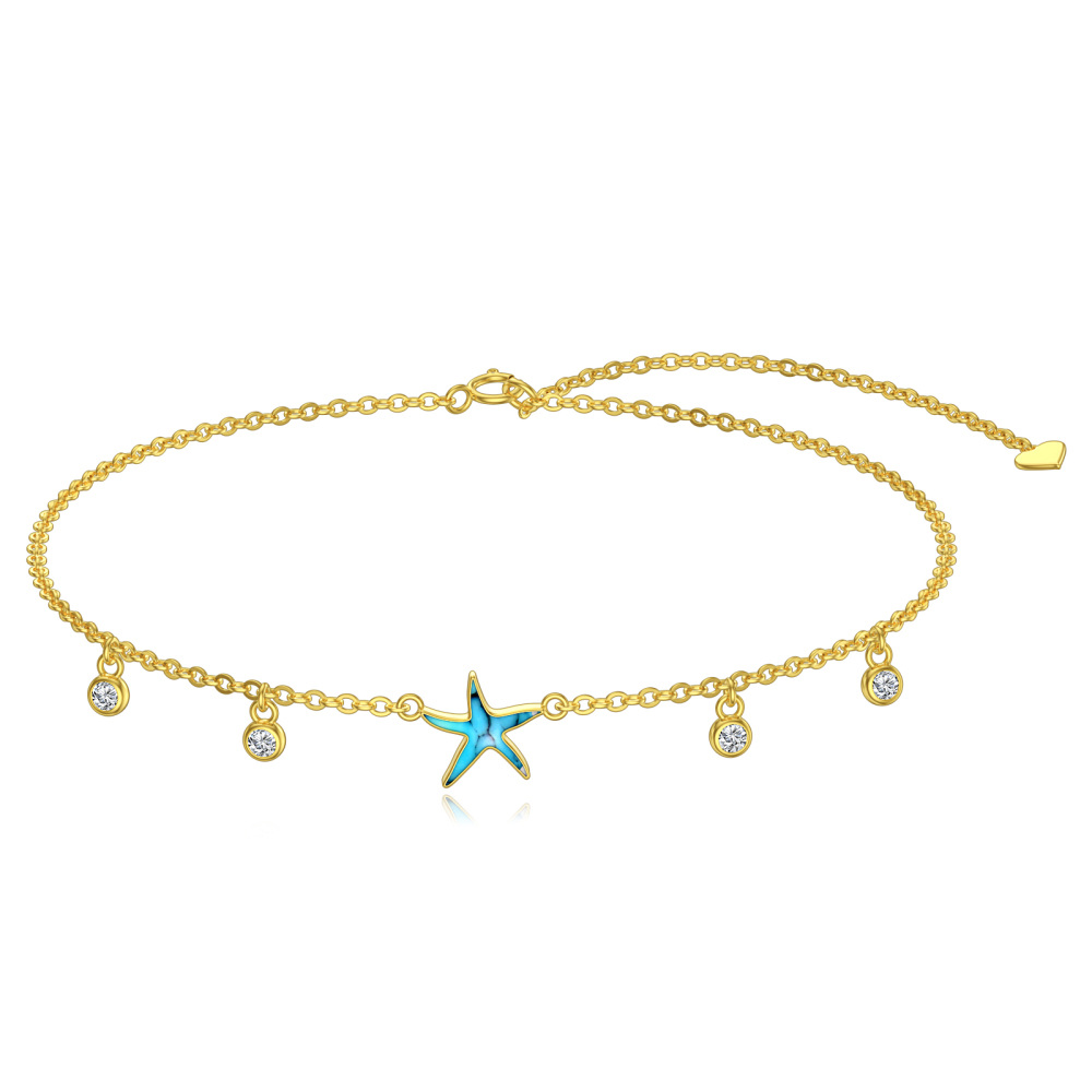 10K Gold Turquoise Starfish Single Layer Anklet-1