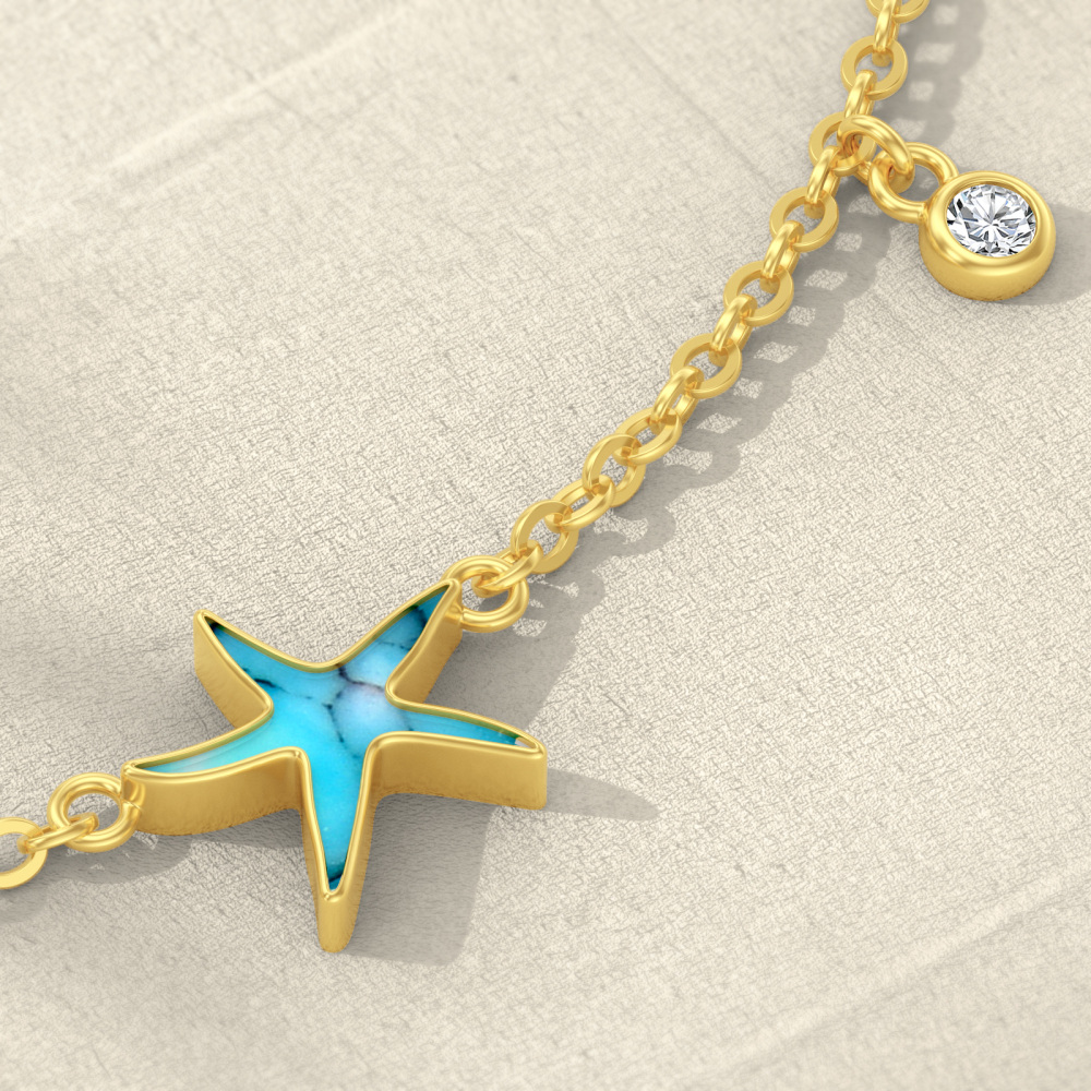 10K Gold Turquoise Starfish Single Layer Anklet-3