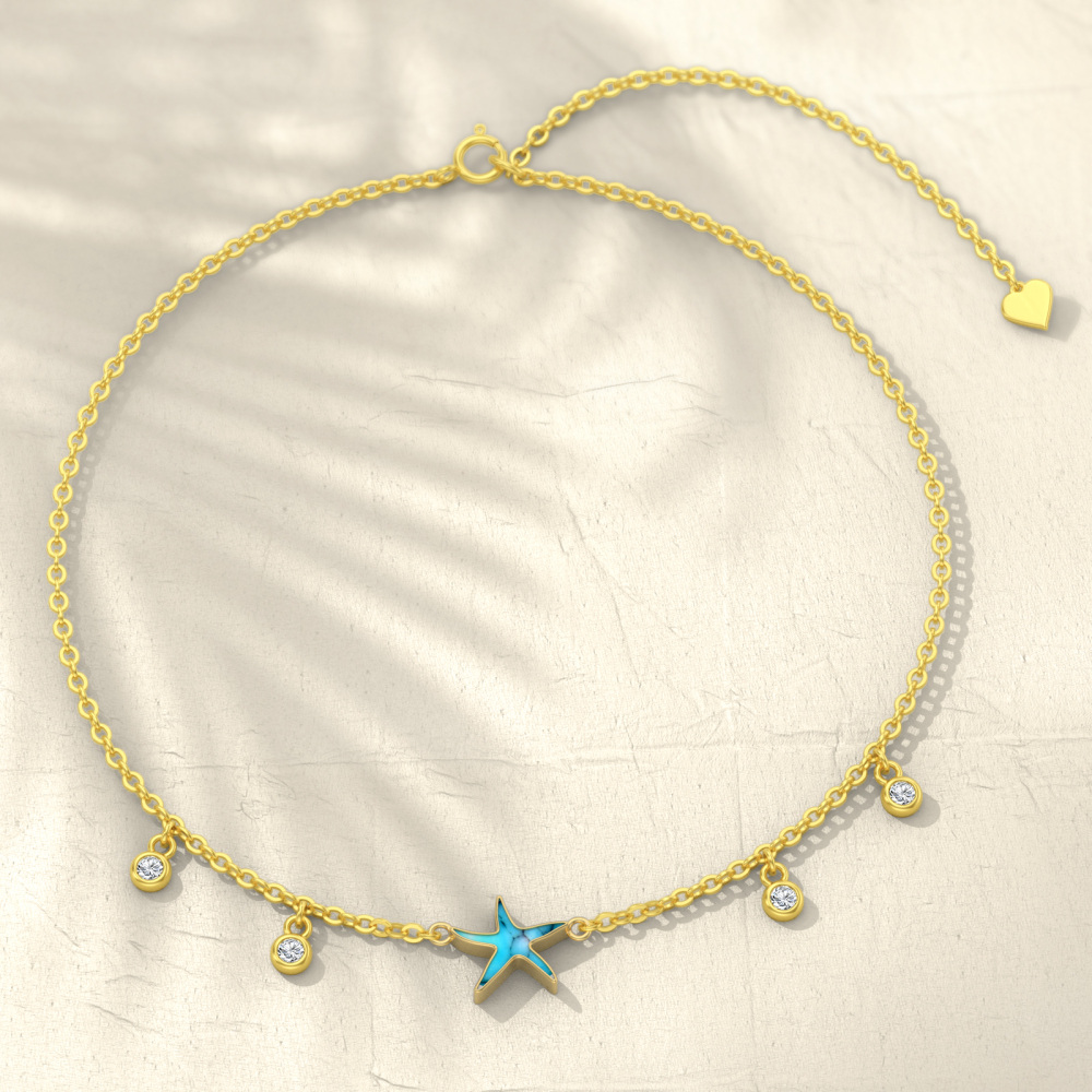 10K Gold Turquoise Starfish Single Layer Anklet-4