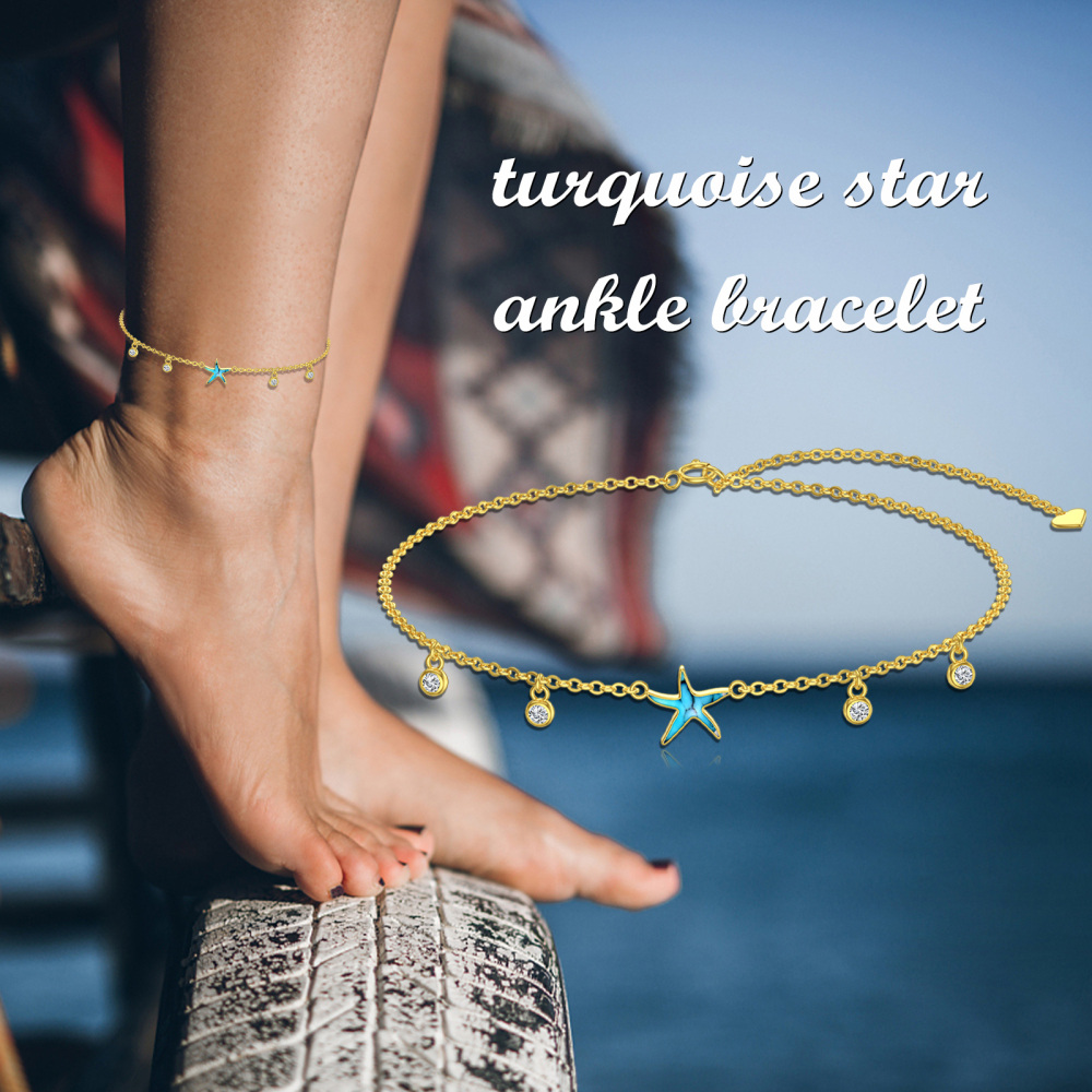 10K Gold Turquoise Starfish Single Layer Anklet-6