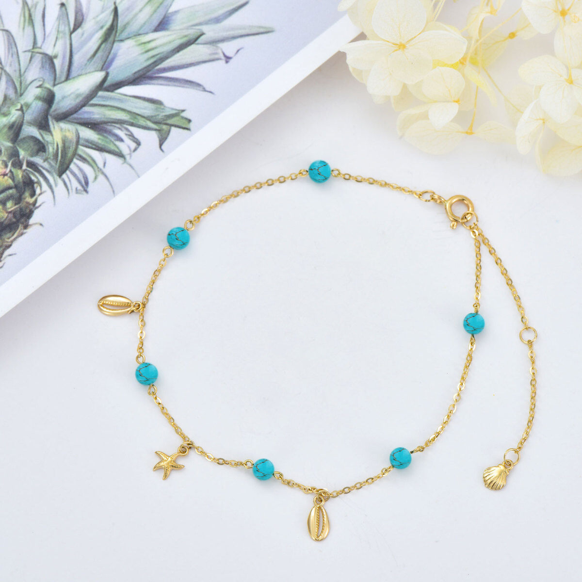 14K Gold Turquoise Starfish Single Layer Anklet-3