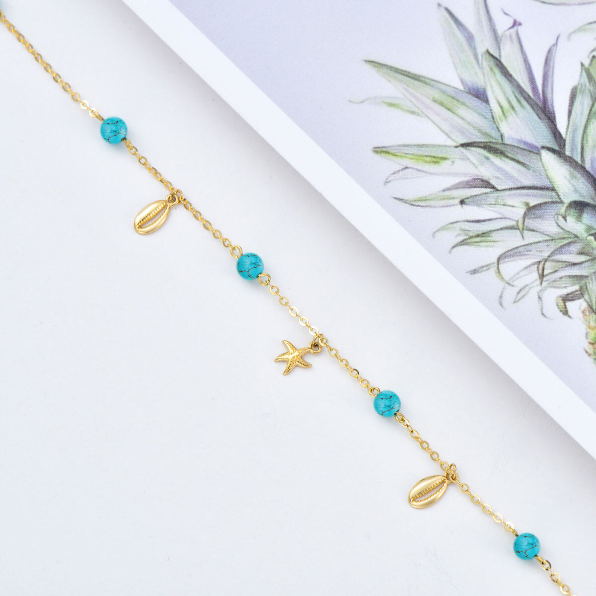 10K Gold Turquoise Starfish Single Layer Anklet-4