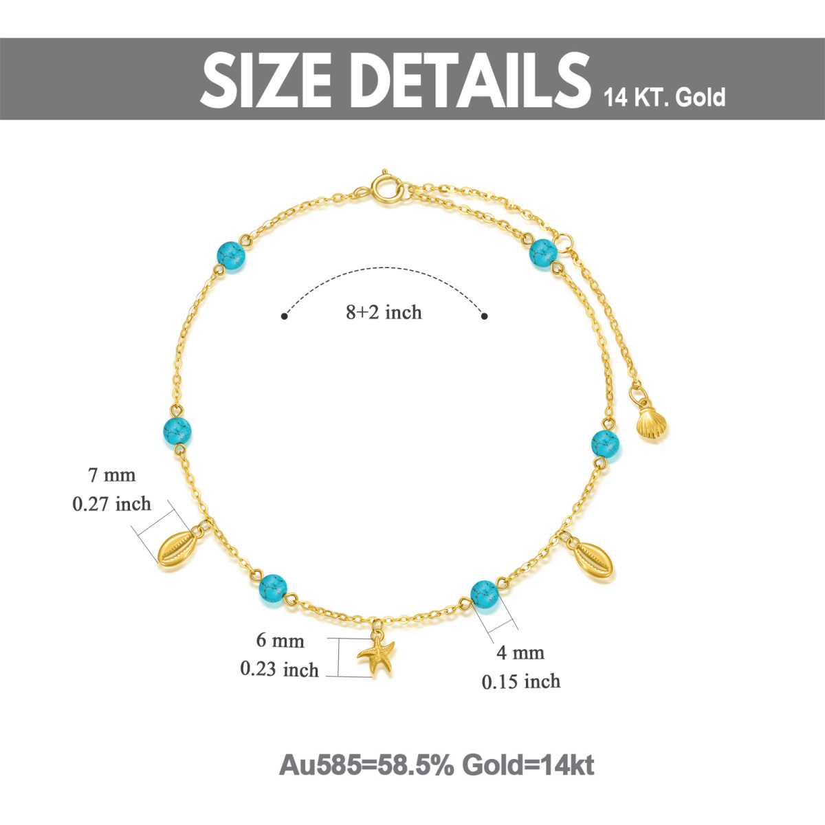 Enkelbandje van 14K goud met turquoise zeester en enkele laag-5