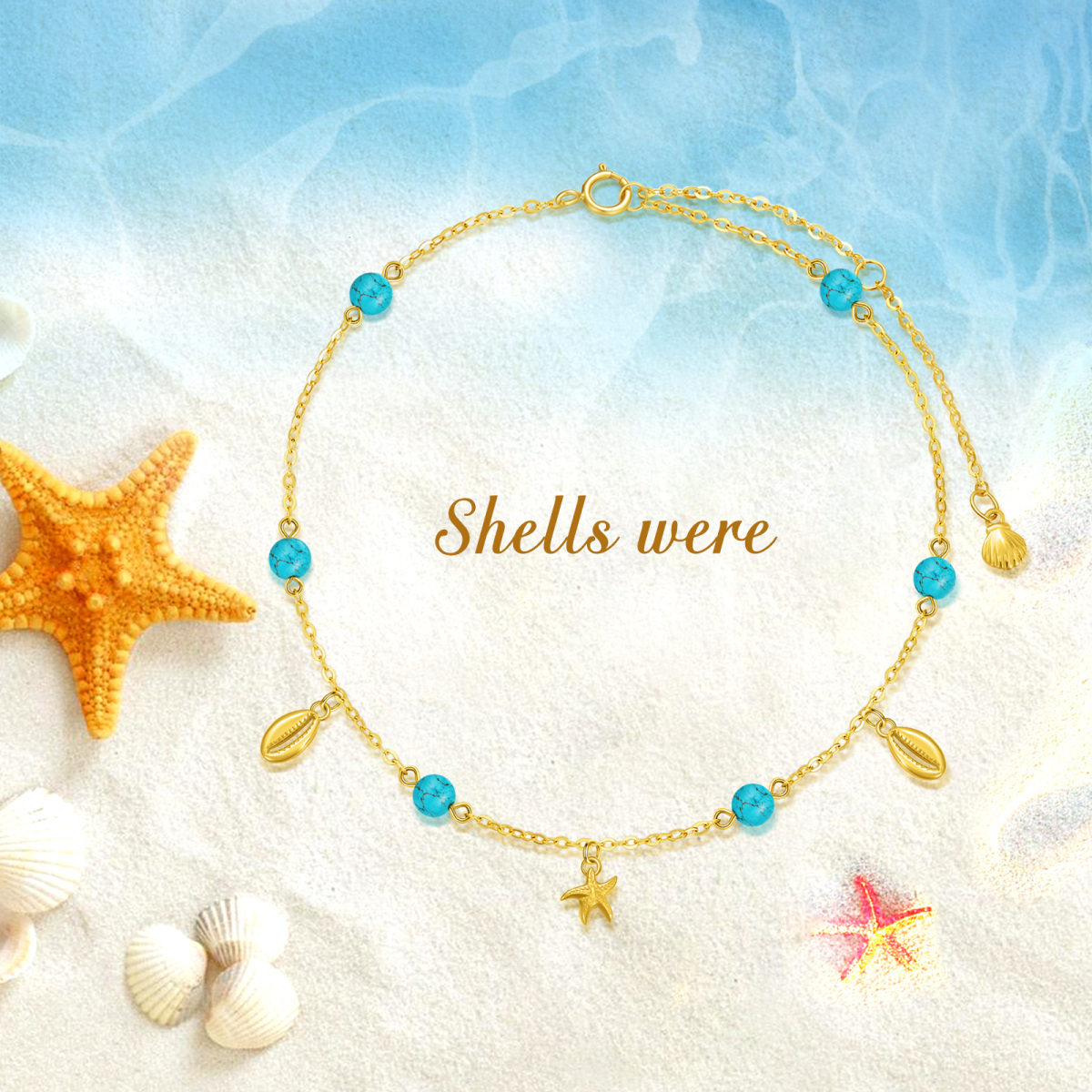 10K Gold Turquoise Starfish Single Layer Anklet-6