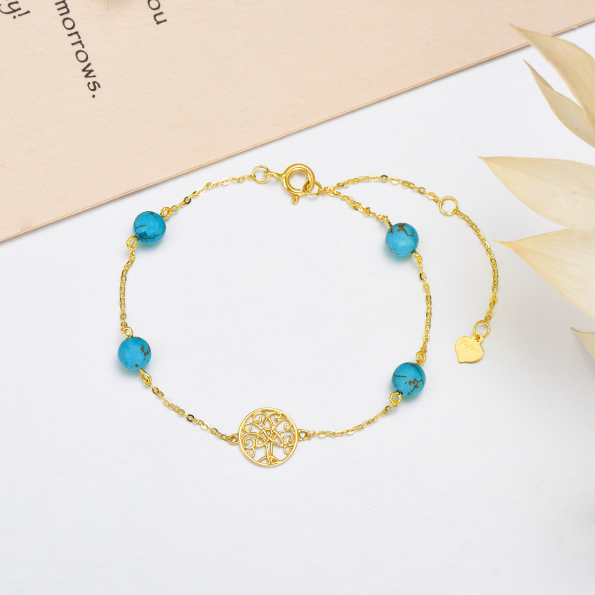 14K Gold Turquoise Tree Of Life Pendant Bracelet-3