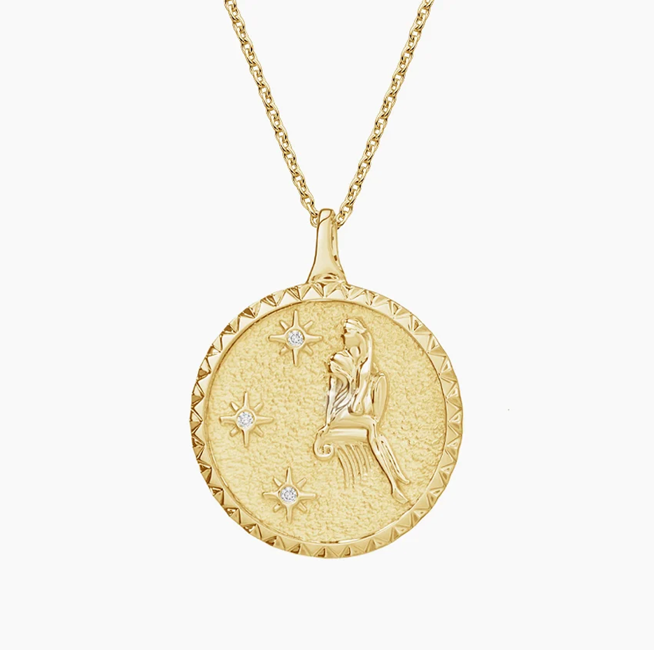 14K Gold Virgo Zodiac Sign Diamond Medallion Pendant Necklace-1