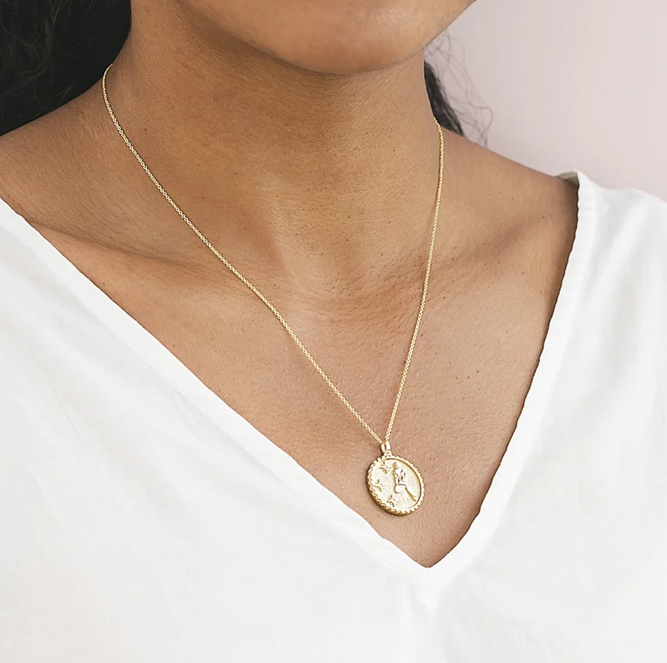 14K Gold Virgo Zodiac Sign Diamond Medallion Pendant Necklace-2
