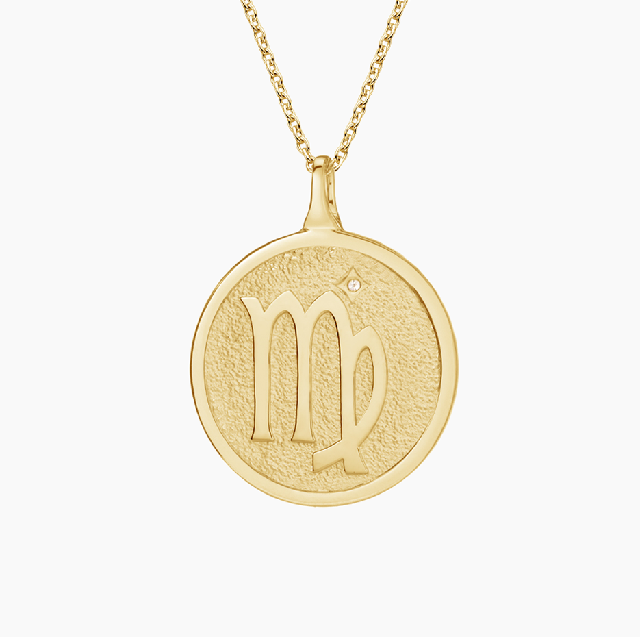 14K Gold Virgo Zodiac Sign Diamond Medallion Pendant Necklace-3