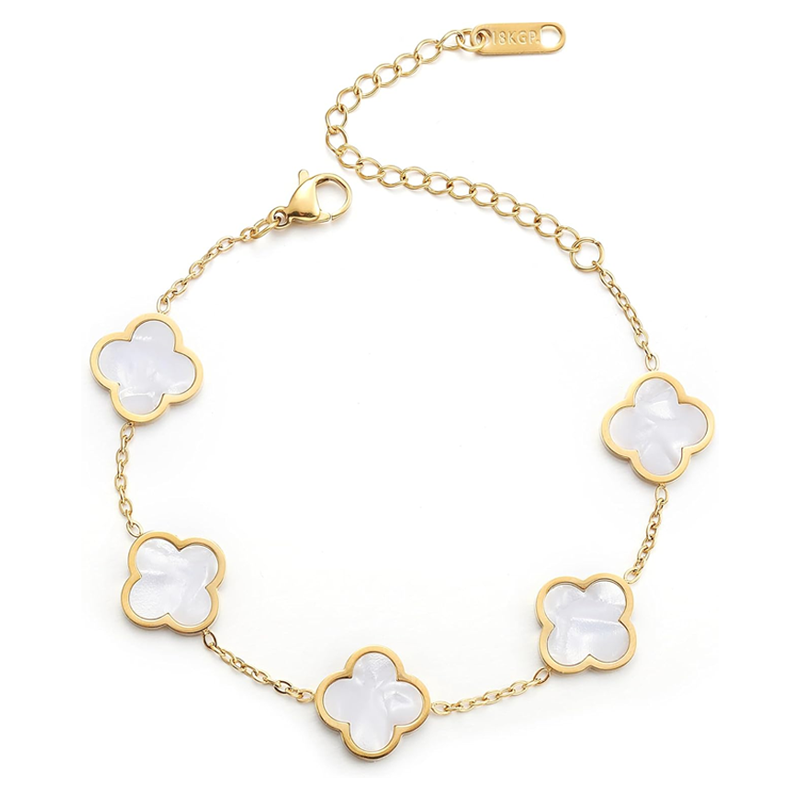 14K Gold White Four Leaf Clover Bracelet for Women-1