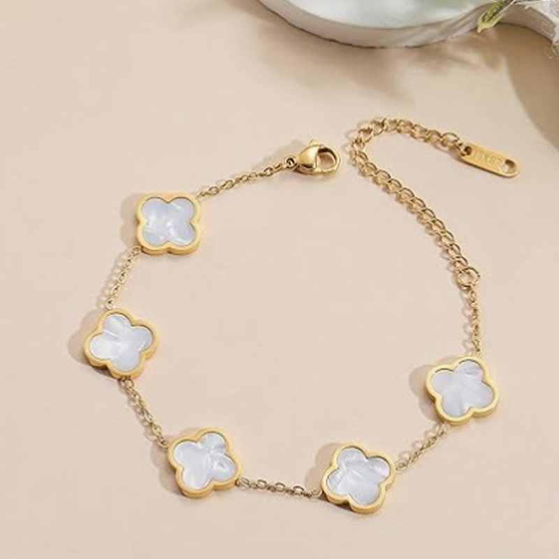 14K Gold White Four Leaf Clover Bracelet for Women-3