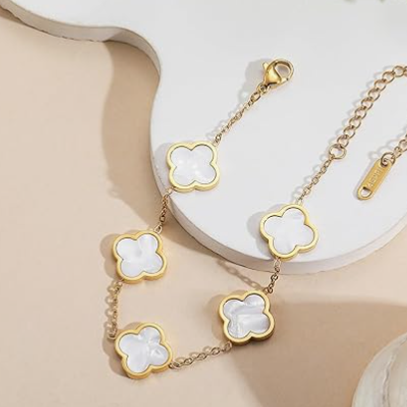 14K Gold White Four Leaf Clover Bracelet for Women-4