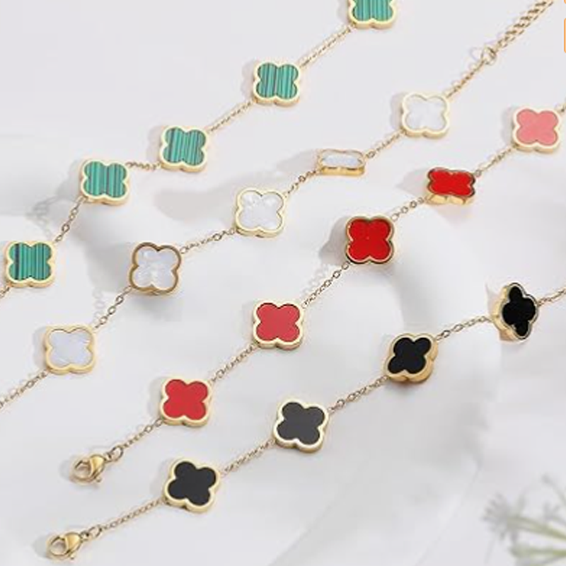 14K Gold White/Pink/Black/Red/Blue Four Leaf Clover Bracelet for Women-5